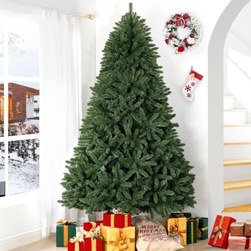 Naomi Home Prague 7.5ft Prelit Artificial Christmas Tree with Foot Pedal, 1717 Branch Tips, 550 Warm Lights and Metal Stand, 56" Wide Realistic Spruce Christmas Tree with Lights