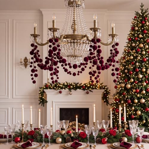2 Pcs 6 ft Burgundy Velvet Christmas Ball Ornament Garland