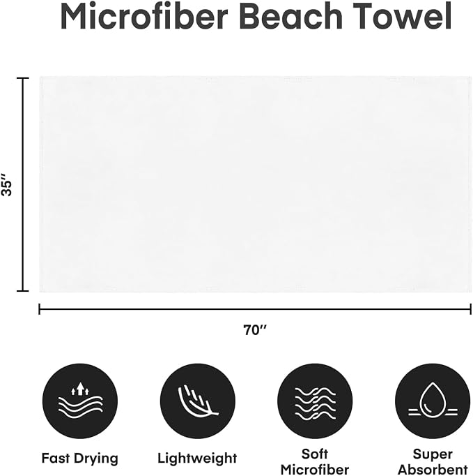 JML Microfiber Bath Towels, White, 35" x 70", 2 Pack