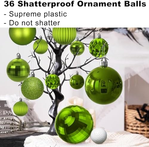 Lime Green Christmas Ornaments - Christmas Tree Decorations Shatterproof Hanging Balls for Birthday St. Patrick's Day Easter Mardi Gras Wedding Decorations Set of 36pcs, Multi-Sizes(1.6",2.5",3.2")