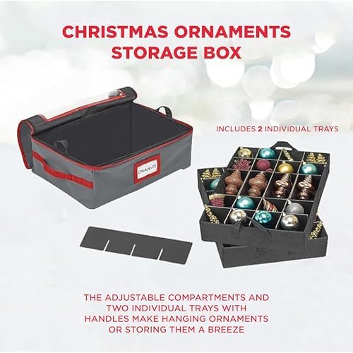 HOLDN’ STORAGE Christmas Ornament Storage Box with Dividers - Fits 48-3” Ornaments, 2 Removable Trays, Durable & Space-Saving, Clear Top Lid, Fits Underbed, Grey