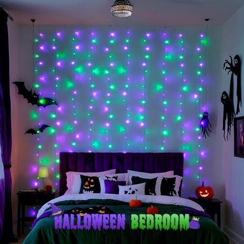 JMEXSUSS 300LED Purple & Green Curtain Lights for Halloween Decor, Plug in