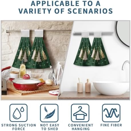 Green Christmas Hanging Dish Towels Xmas Tree Kitchen Towels with Hanging Loop Winter Holiday Hand Tie Towels Soft Absorbent Bath Towel for Bathroom Farmhouse Decor Set of 2