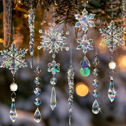 Crystal Christmas Tree Ornaments, 32pcs Iridescent Acrylic Snowflake Icicle
