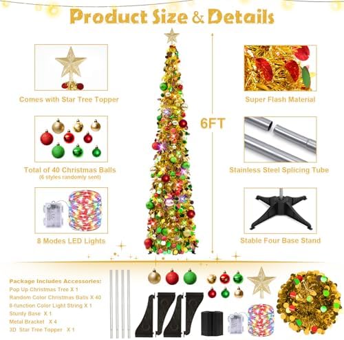 N&T NIETING Pop Up Christmas Tree with Lights & Ornaments, 6FT, Gold