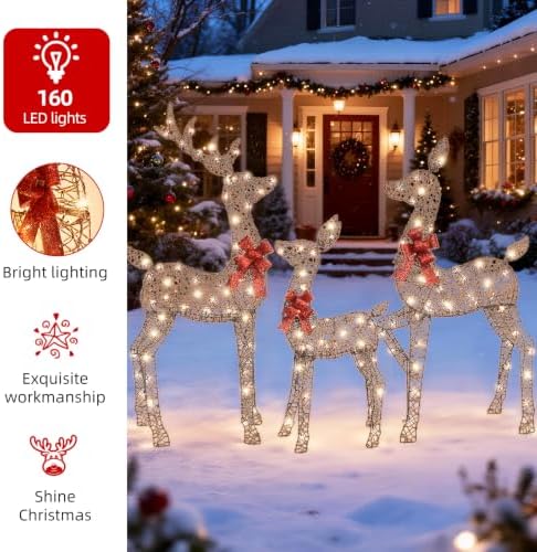 HOYECHI 5ft Light Up Reindeer Outdoor Christmas Decorations -3 Piece Rattan Deer Family Set with 160 Warm White LED Lights, Large Christmas Garden Decor for Lawn, Front Garden, Patio and Drivewa