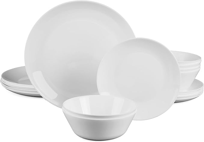 Dinnerware Sets for 6, 18 Piece White Opal Glass Dish Set | Plates and bowls with dishwasher and microwave safe features, chip and scratch resistant dishware for family meals