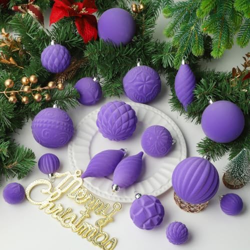52pcs Velvet Christmas Ball Ornaments, Flocked Shatterproof Christmas Tree Decorations Hanging Xmas Decorative Ornaments Set for Home Party Holiday Decor(Light Purple)
