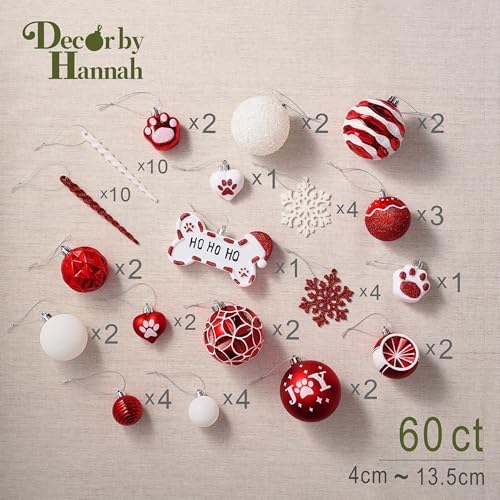 DecobyHannah 60ct Red White Christmas Ornaments Set for Tree Decorations