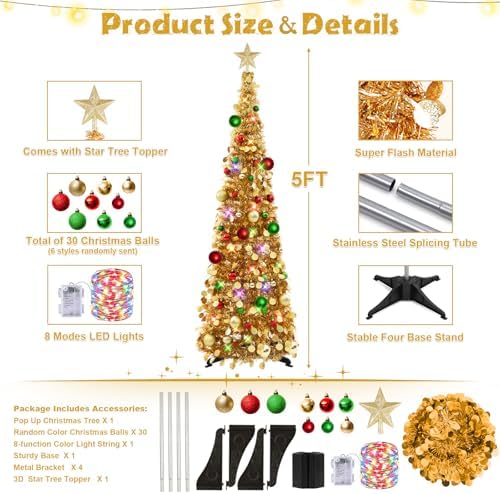 Pop Up Christmas Tree with Lights & Ornaments, 5FT, Champagne Gold