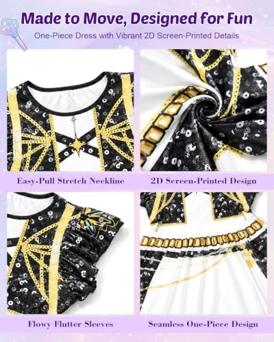 Halloween Costume Kids Pop Singer Golden Costume Girls with Wig Purple Braiding Ponytail Hair Extension Dress Set