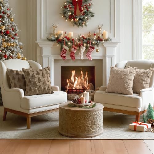 MIULEE Christmas Throw Pillow Covers Light Brown Christmas Decorations Set of 2 Xmas Tree 18x18 Pillow Covers Soft Plush Faux Wool Pillowcases Holiday Festivals Winter Home Decor Sofa Couch Bed Porch
