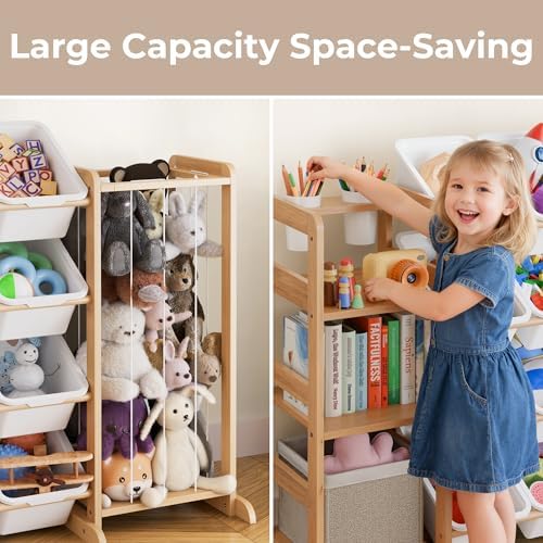 Toy Storage Organizer with Bookshelf and Stuffed Animal Storage - Playroom Organization with 3 Shelves and 16 Bins - Living Room Box for Lego - Bedroom Decor Essential