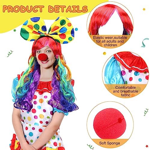 Handepo 6 Pcs Halloween Clown Costume Women Circus Dress Rainbow Wig