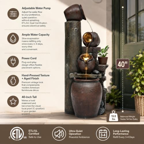 AUTODAYA 40" Overszied Outdoor Water Fountain LED Cascading Waterfall 4-Tie