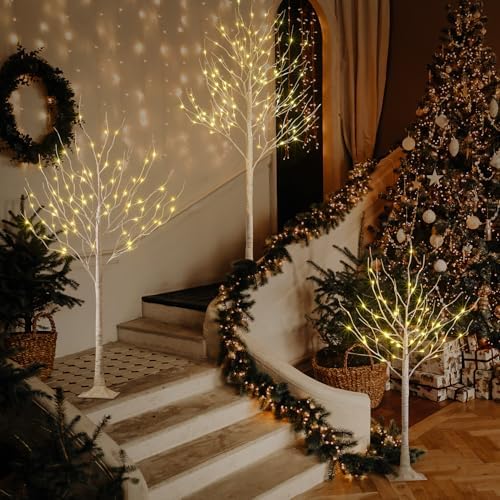 LIGHTSHARE LED Birch Tree Light Set - 4ft, 6ft, 8ft Trees with Warm White Lights - Indoor Outdoor Christmas Wedding Party Decorations (3-Pack)