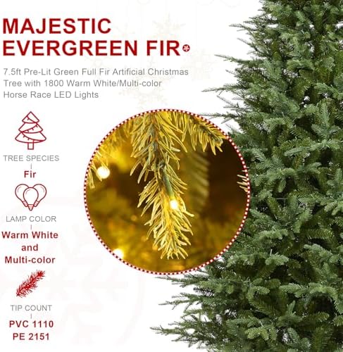 Glitzhome 7.5ft Prelit Artificial Christmas Tree, Green Full Christmas Tree Majestic Evergreen Fir with 1800 Warm White/Multi-Color Chasing and Twinkling Lights, 9 Function w/Foot Pedal&Remote