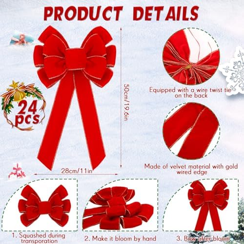 Lenwen 24 Pcs Large Christmas Velvet Bows Xmas Tree Topper,Red