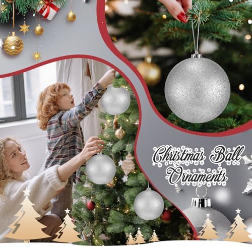 Poen 12 Pcs 6 Inch Large Glitter Christmas Ball Ornament, Silver