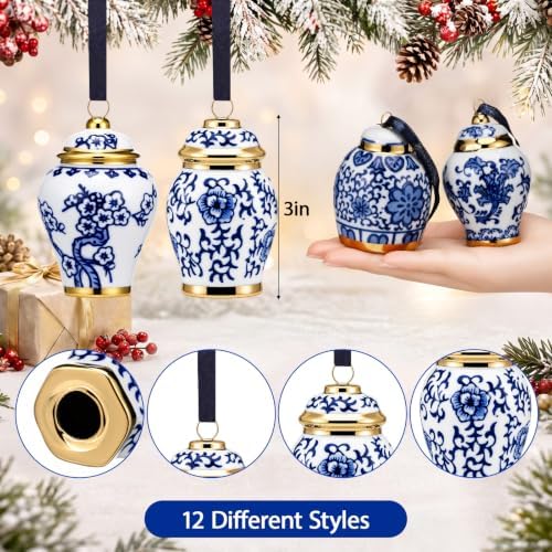 Peryiter 12 Pieces White Blue Christmas Ornaments Chinoiserie Porcelain Christmas Ornaments Mini Ginger Jar for Xmas Tree Decoration(Classic B)