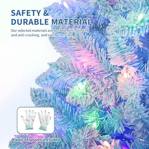 GarveeHome 7.5 ft Prelit Artificial Christmas Tree with RGB & Warm White Lights, Pre-Lit Snow Flocked Pencil Christmas Tree, Foldable Base,Holiday Decoration for Home, Office, Party,Blue Gradient