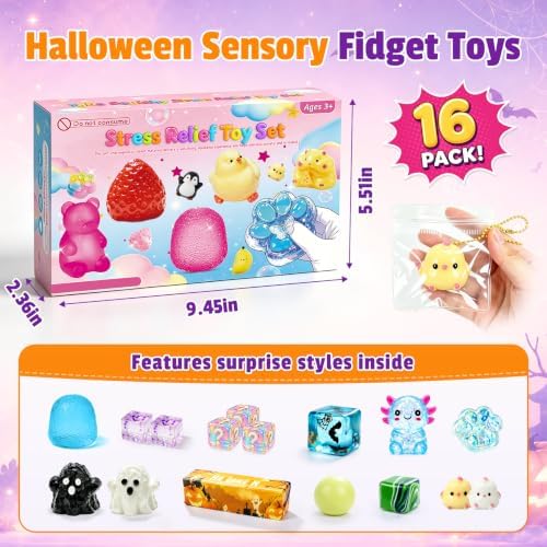 16Pcs Halloween Squishy Box Set, Stress Relief Squishies Fidget Toys Kit