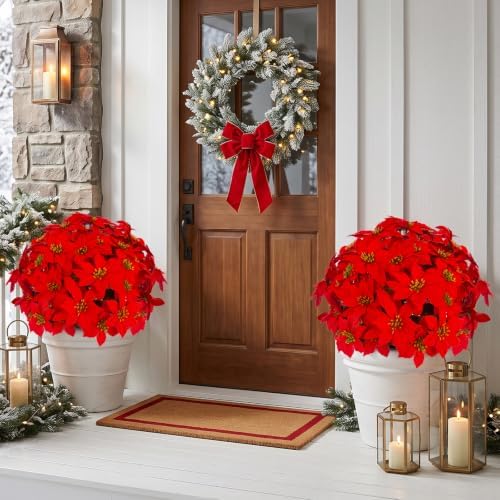 Daynight 2Pcs Artificial Poinsettia Plants with Stakes Outdoor, 24 Inch Red