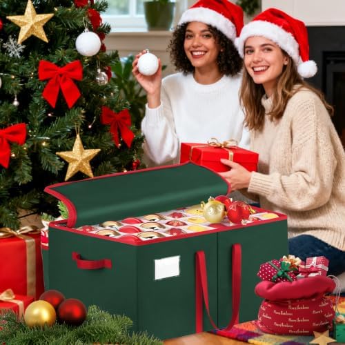 SeasonBliss Christmas Ornament Storage Box, Large Holds 128 Balls, Green