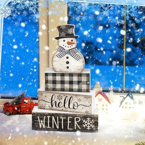 Moucuny 4 Pcs Winter Snowman Tiered Tray Decor Wooden Block Signs
