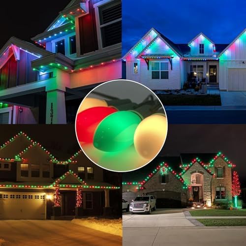 SUNSGNE C9 LED Outdoor Vintage Christmas Lights, 25FT Christmas Tree Lights with 26 0.6W LED Red Green White Bulbs(1 Spare) for Patio Garden Holiday Home Décor, Green Wire