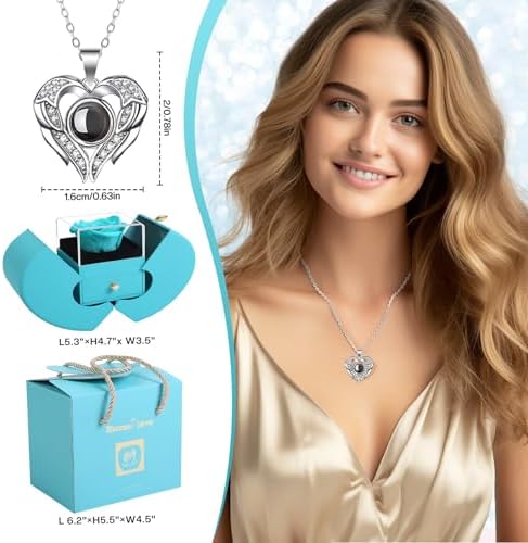 Preserved Rea Cyanl Rose with I Love You Necklace 100 Languages, Gifts for Girlfriend, Women, Mom, Wife, Gifts Idea on Christmas, Valentine's Day, Mother's Day, Birthday, Anniversary, Thanksgiving