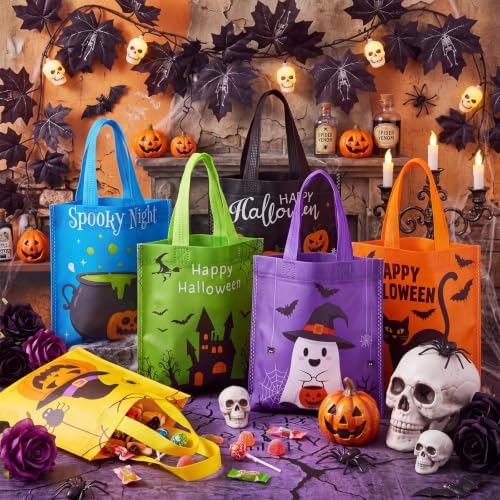 Sweetude 120 Pcs Halloween Tote Bags Bulk Trick Treat Bag with Handles Reusable Non Woven Halloween Treats Party Gift Favors Bags for Kids(Spider Pumpkin)