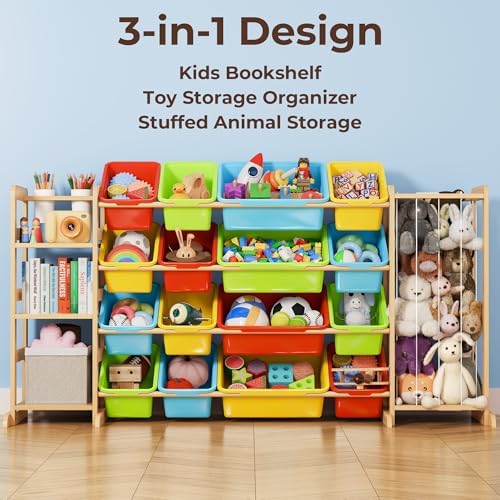 Toy Storage Organizer with Bookshelf and Stuffed Animal Storage - Playroom Organization with 3 Shelves and 16 Bins - Living Room Box for Lego - Nursery Bedroom Decor Essential