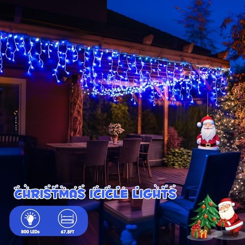 JMEXSUSS 800 LED Blue Icicle Christmas Lights Outdoor