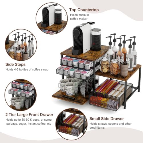 Coffee Station Organizer, Countertop Coffee Bar Holder with 3 Drawers,60 Compatible with K Cups Coffee Pods, Capsules, Rustic Storage for Tea Bags, Syrup Rack, Kitchen, Apartment, Home, Office