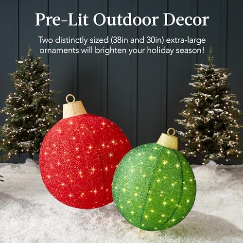 Best Choice Products 2pc Lighted Pop-Up Outdoor Christmas Ornament Set, Holiday Ball Decoration w/ 180 LED Lights, 8 Light Functions - Red/Green
