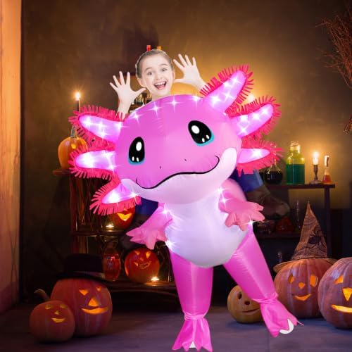 Stegosaurus Inflatable Axolotl Costume for Kids with LED Lights, Ride-On Blow Up Halloween Cosplay Outfit for Girls and Boys