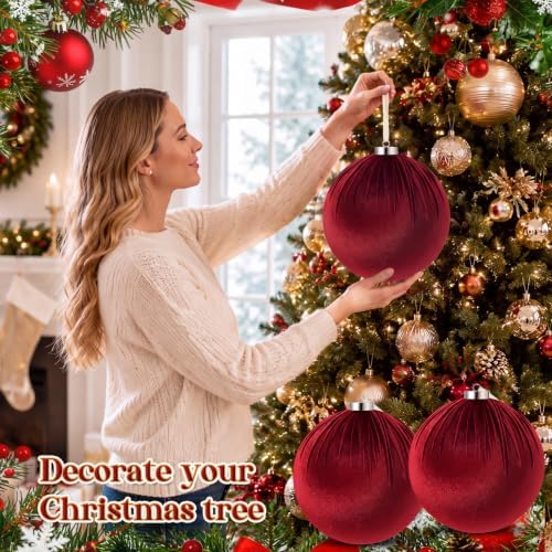 Weysat 6 PCS 8" Extra Large Velvet Christmas Ball Ornaments, Burgundy