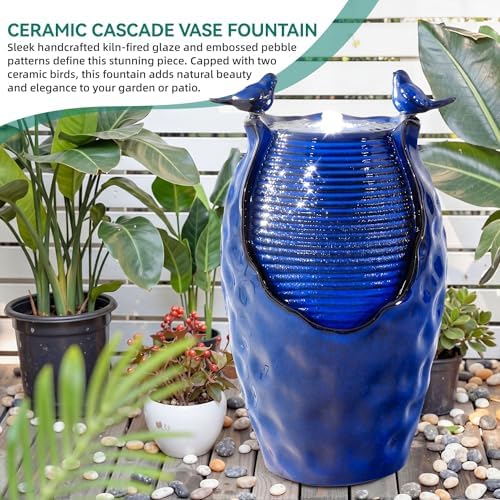 Autodaya 25" Ceramic Jar Outdoor Water Fountain with Hammered Texture