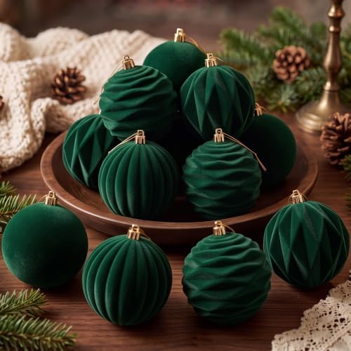 Liliful 3.15 Inch 12 Pcs Velvet Christmas Ornaments Balls, Dark Green