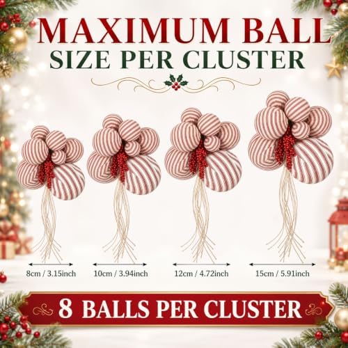 4 Set Large Red White Stripe Christmas Ball Clusters Fabric Ball Ornament