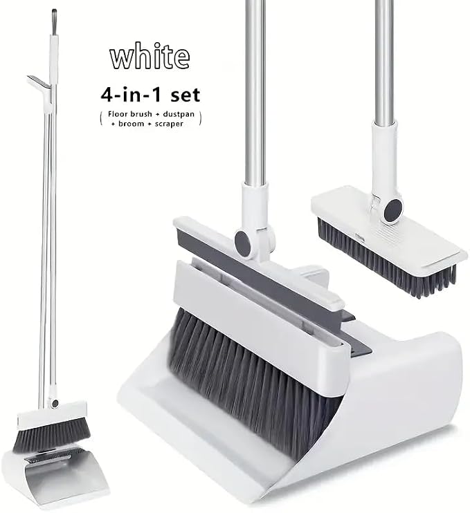 4-in-1 Broom and Dustpan Set with Floor Brush, White Stainless Steel Long Handle, Upright Standing Design for Home Office Kitchen, Squeegee Cleaning Tools Combo