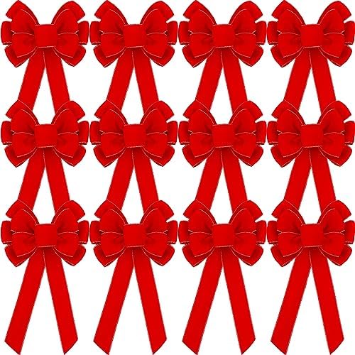 Lenwen 12 Pcs Large Christmas Velvet Bows Xmas Tree Topper,Red