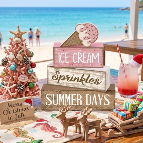 Lineshading 4 Pcs Ice Cream Summer Tiered Tray Decor Table Block Signs