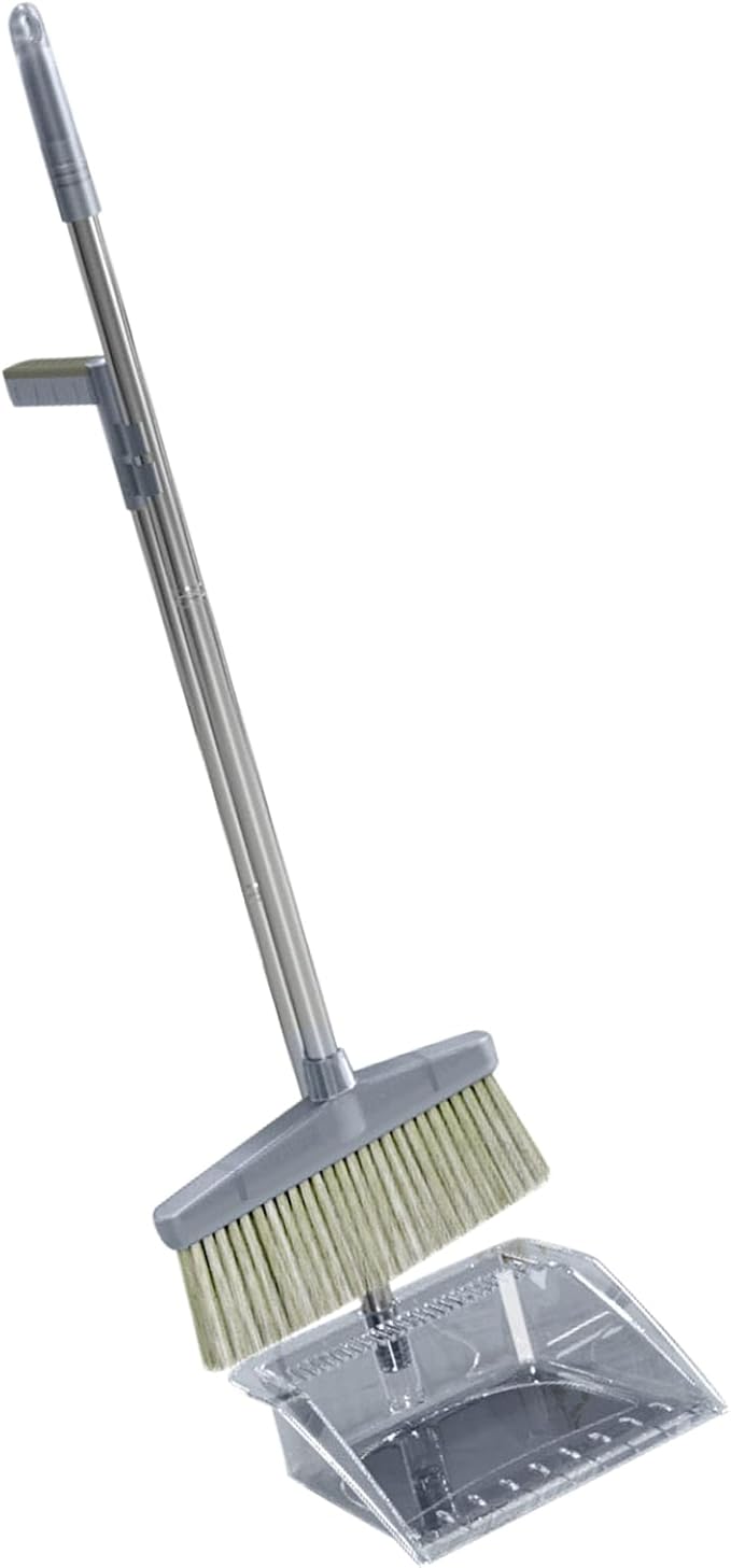 RiToEasysports Broom Dustpan Set Durable Cleaning Tool Large Sweeping Range for Home Bedroom,Stainless Steel Long Handle,PP Plastic Kit (Gray)