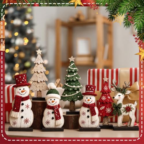 7 Pcs Christmas Table Decor Wooden Snowman Tree Deer Decor, Red,Green