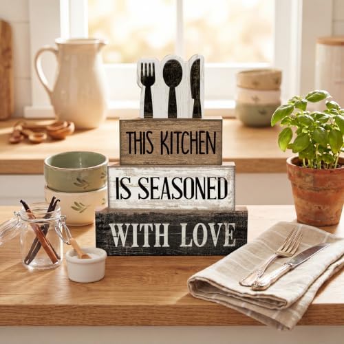 Moucuny 4 Pcs Kitchen Decor Wooden Signs, Farmhouse Tableware Tiered