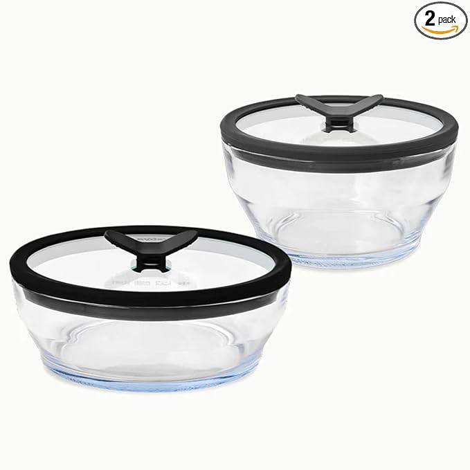 Anyday 4-Piece Medium Glass Food Storage with Lids (Clear Black Sesame) | Plastic-Free Meal Prep, Microwave Cookware, Stackable Airtight Container, Vented Glass Lid, Microwave-Safe Reheating