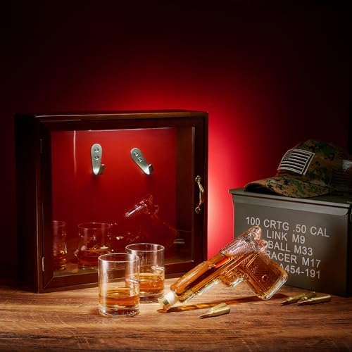The Wine Savant Pistol & Bullet Shot Glasses Hanging Wall Display Case With Light - 7.7 Pistol Gun Decanter & 10oz Glassware - Military, Veteran Gifts, Law Enforcement Home Bar, Drinking Accessories