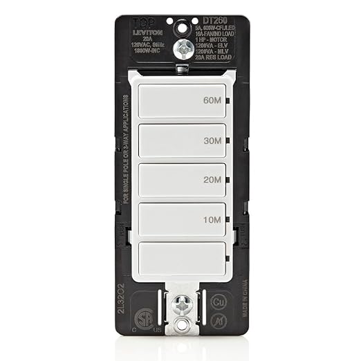 Leviton Countdown Switch for bathroom household lights, 10-20-30-60 min, Neutral Wire Required, 20A, 1HP/16A Fan/Motor, Single Pole, Multi-Way or Multi-Timer, DT260-1LW, White